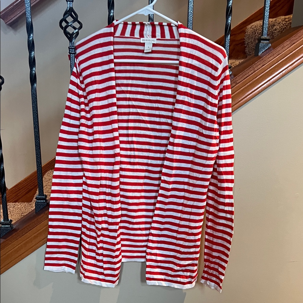 White & Red Striped Open-Front Cardigan Sweater